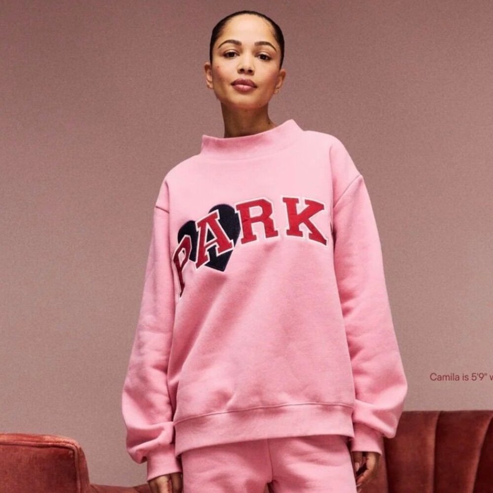 NWT Parke Jean Heart Varsity Mockneck Size L/XL in Blush/Crimson